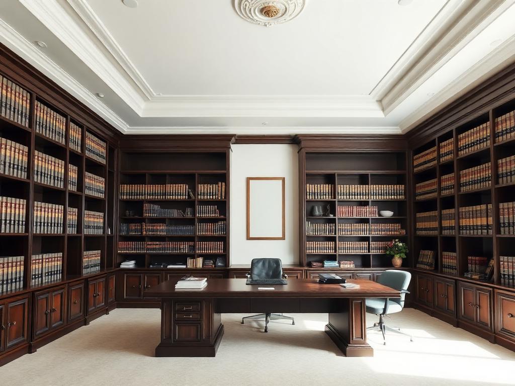 Despacho legal clásico con estanterías de madera y archivo